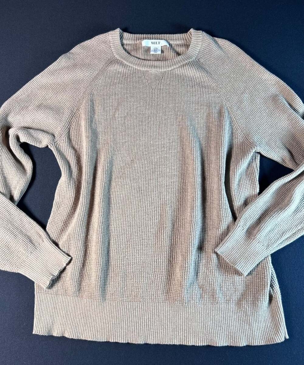 WILT Womens M Beige Cotton Cashmere Waffle Knit Crewneck Sweater Raglan Sleeve